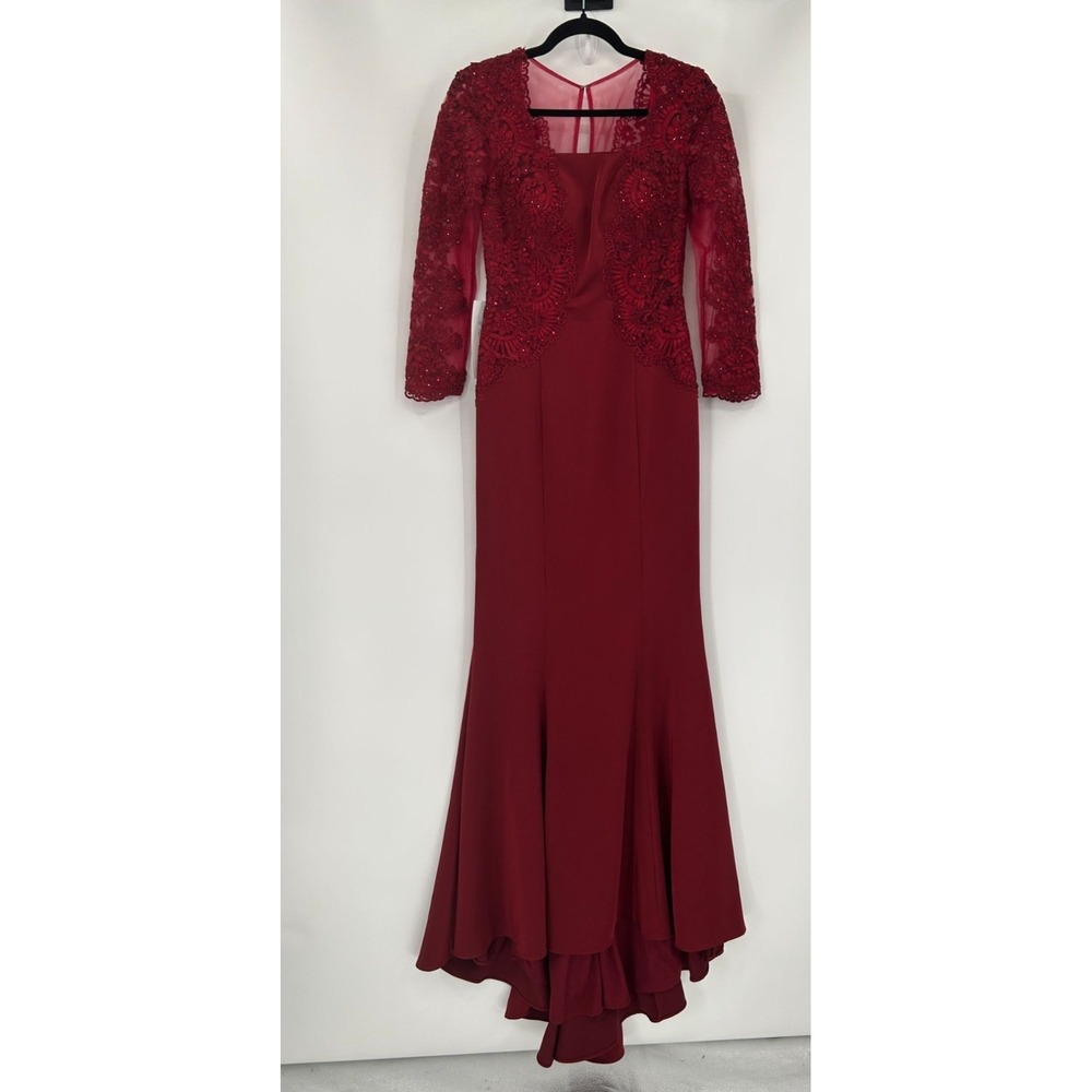 Azazie Burgundy Lace & Chiffon Gown Sleeves A-Line Dress With Train‎ A2